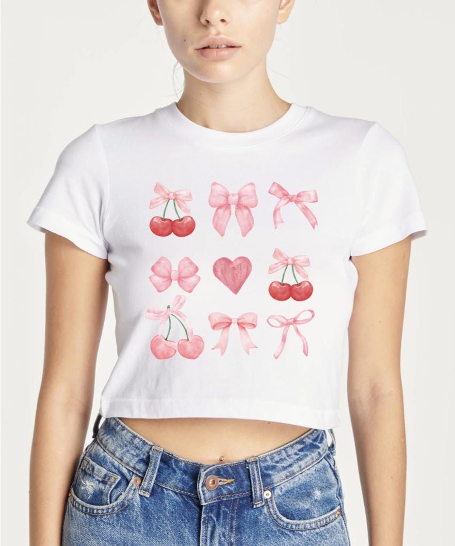 cherries bows coquette cute girly crop top tee